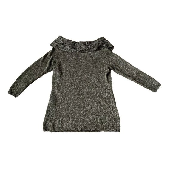 Chico's Cowl Neck 3/4 Sleeve Pullover Sweater Forest Green Gold Metallic 2/M - Picture 2 of 11